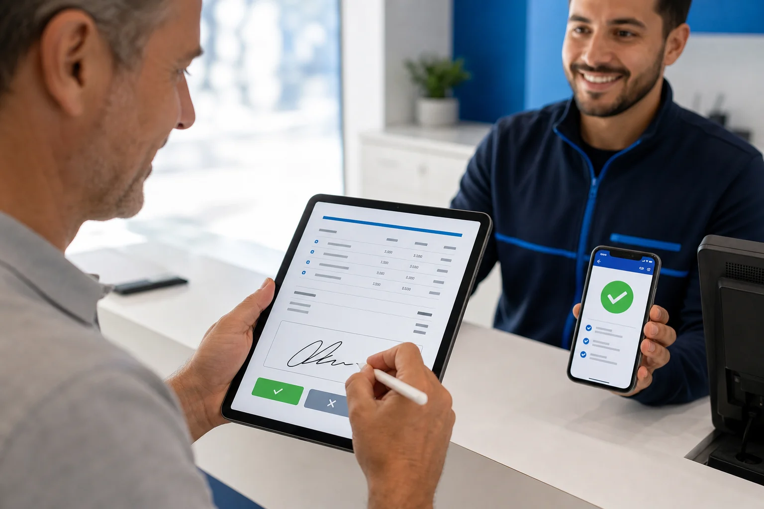 Cliente firma un preventivo mentre il tecnico vede l’approvazione