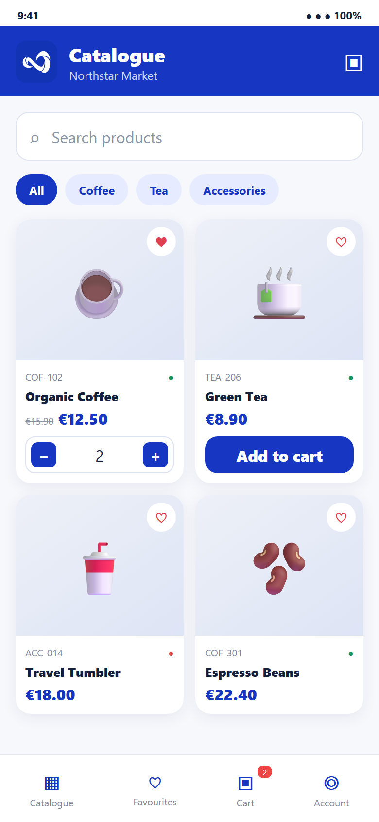 SellViaApp English product catalogue screen