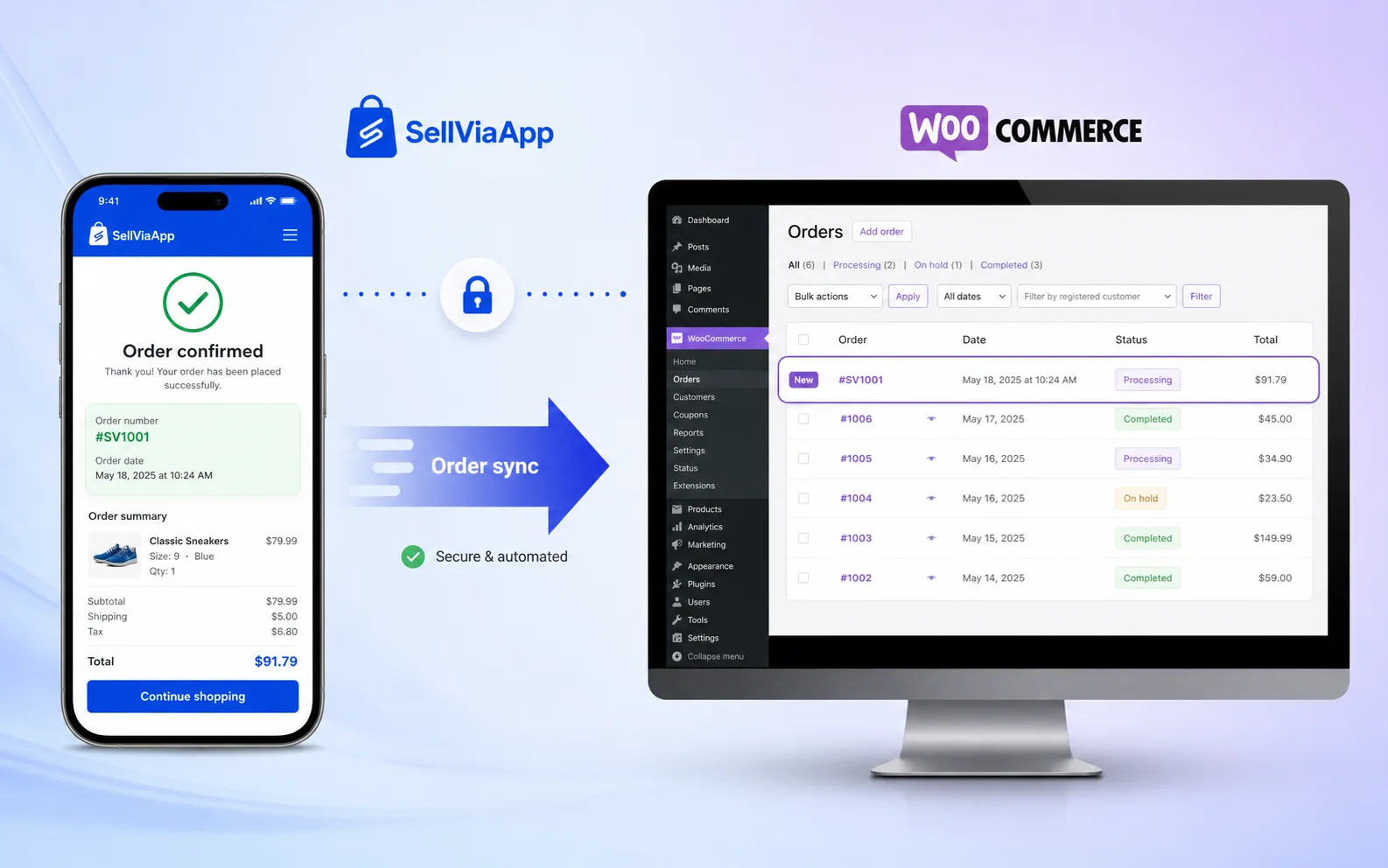 Commande confirmée dans SellViaApp puis visible dans la liste des commandes WooCommerce