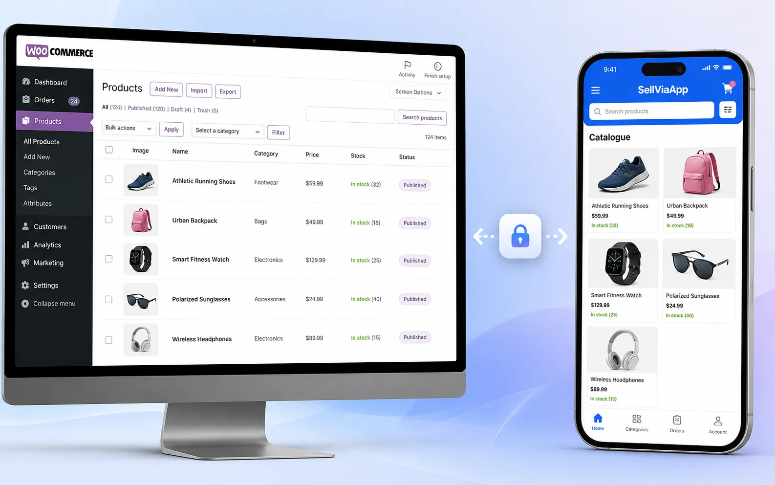 Catalogue de produits WooCommerce sur ordinateur synchronisé avec le catalogue SellViaApp sur téléphone